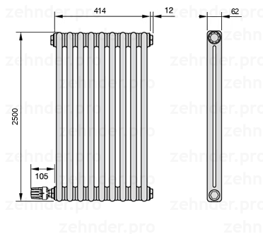 Схема (чертеж) Радиатор Zehnder Charleston 2250/9 №V004 Белый глянцевый RAL 9016
